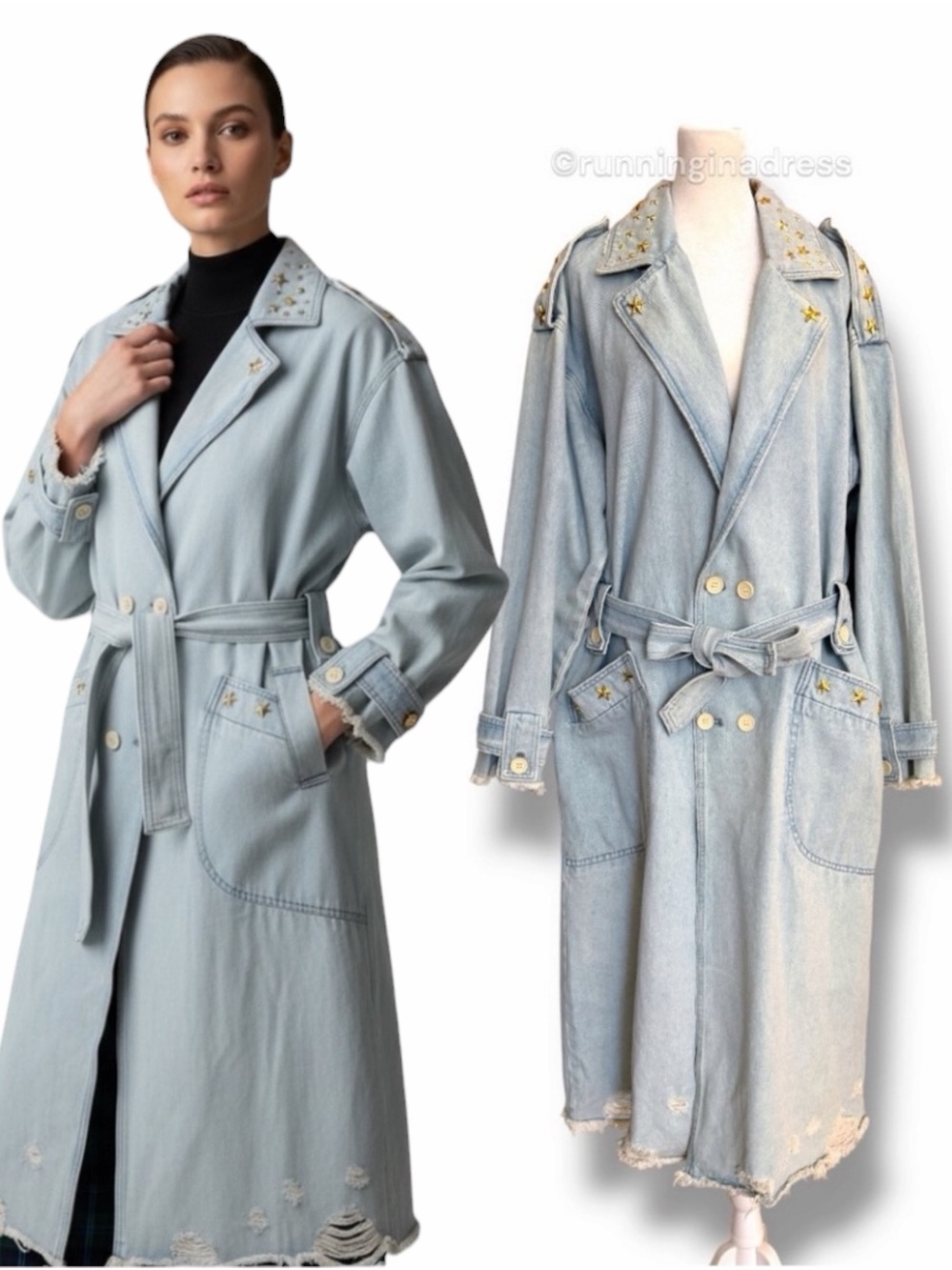 Lola Jeans Avery-Bo Star Studded Denim Trench Coat NWT Small Oversized